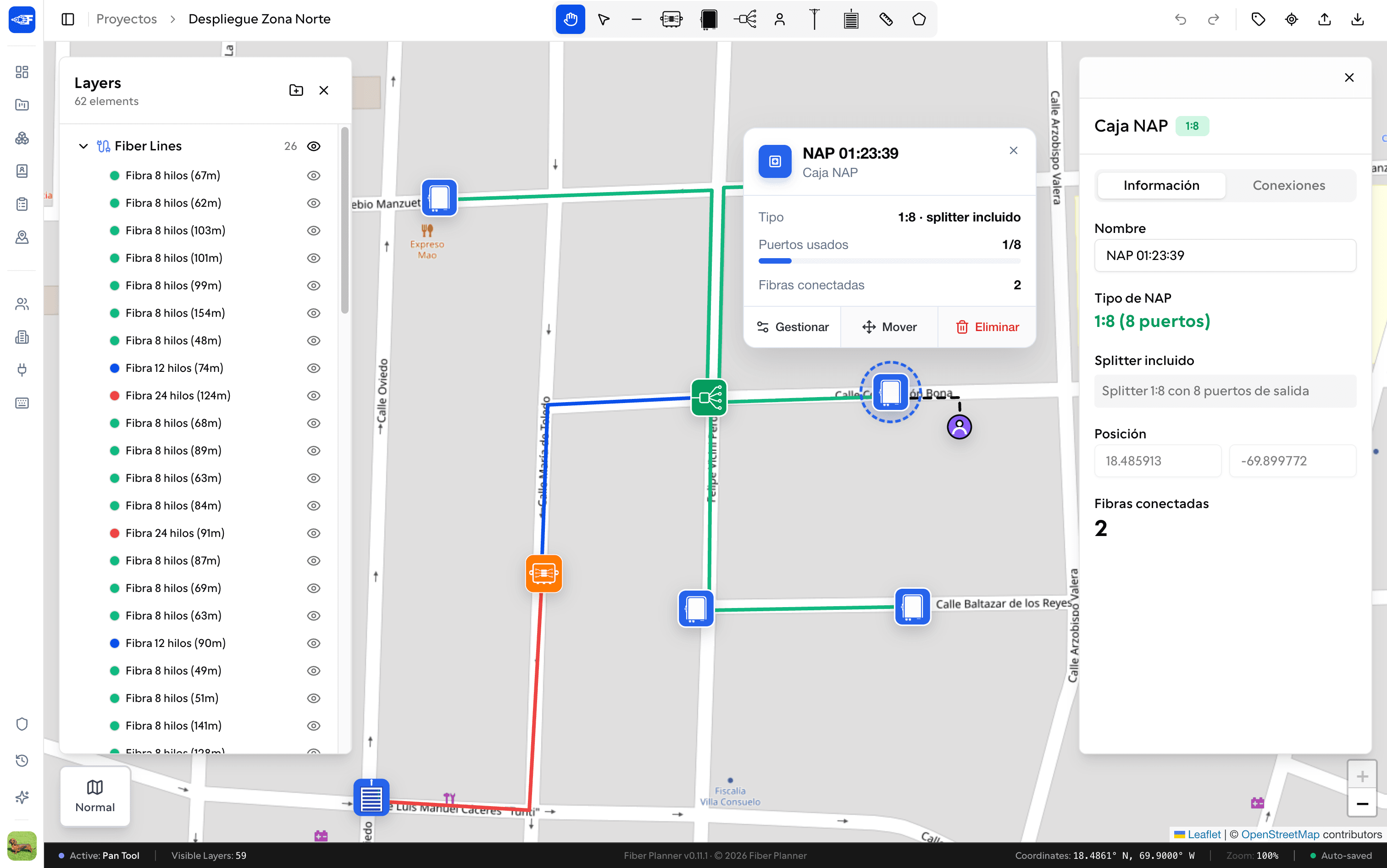 Editor del mapa de Fiber Planner que muestra rutas de fibra y equipamiento en el lienzo